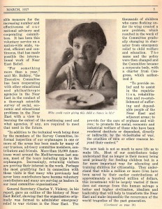 An article encourages Americans to support orphans and orphanages of the Near East Relief. The photo in the article is of a child that is eating and looks healthy.