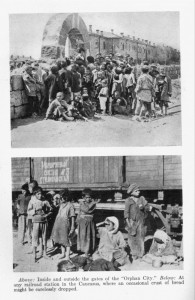 Two photos of orphans looking for pieces of bread to eat.