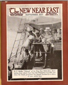 New Near East magazine cover featuring H.C. Moffat and orphanage boys on a ship bound for rural Greece, where the boys will become farm workers
