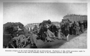 Armenian refugees on the road to another refugee place. Families walking together, looking for a new shelter.