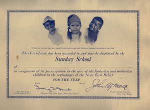 A certificate by the Sunday school that is awarded to those who are taking care of the orphans.