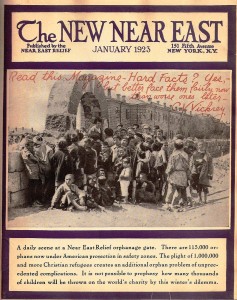 New Near East magazine cover featuring children waiting at the gates to the orphanage at Alexandropol (now Gyumri), Armenia.