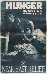 A poster published by the Near East Relief to encourage people to participate in supporting refugees and orphans. In the poster, there is a mother with her two children with no shelter or food.