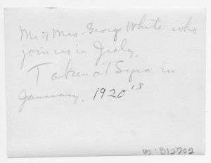 Handwriting on the back of the photo of Mr & Mrs. George White.