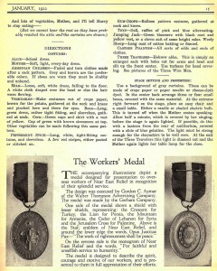 An article described the workers' medal designed by Walter Thompson to overseas workers of Near East Relief in recognition of their splendid service.