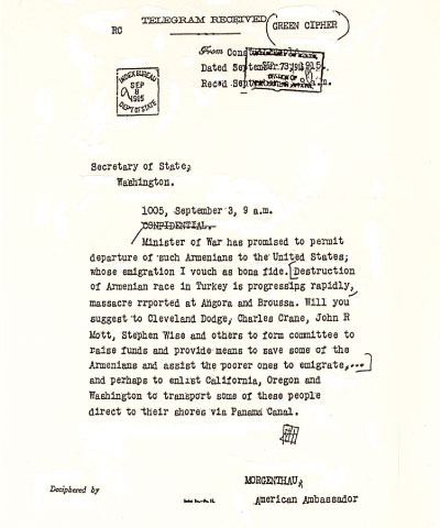 Morgenthau's September 3, 1915 telegram called into existence the committee that would become Near East Relief.
