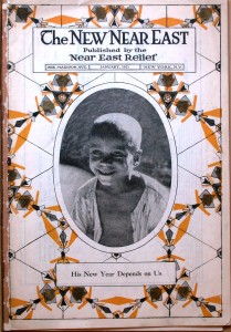 Cover of the New Near East magazine, Jan. 1921, featuring an oval portrait of an orphan against an orange, black, and white decorative background.
