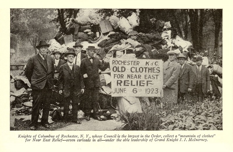 Knights of Columbus of Rochester, NY, gathered seven carloads of clothes for their 1923 Bundle Day.