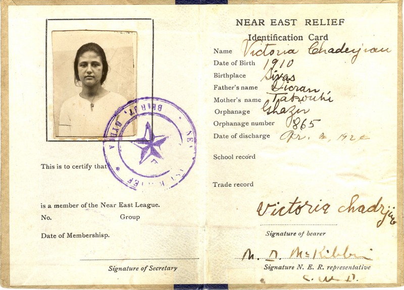 Orphanage identification card from Ghazir Orphanage. This card was donated to the Near East Foundation archives by its owner, Victoria Chadrijian Palian. It is the only one of its kind in the Near East Foundation archives.