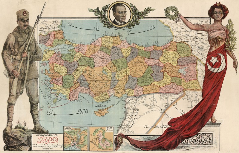 This map of the modern Republic of Turkey features a soldier and a woman draped in the Turkish flag, watched over by Kemal Pasha Atatürk.