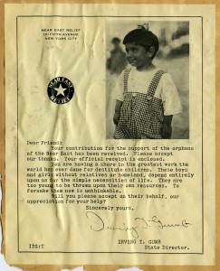 Near East Relief appeal letter from New York state director Irving Gumb featuring a little boy in an orphanage outfit.