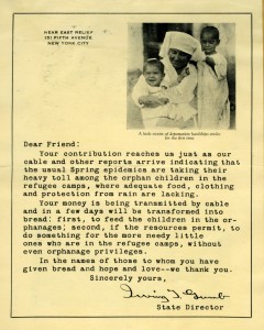 Thank you letter signed by New York State office director Irving Gumb featuring a picture of a nurse holding a smiling baby.