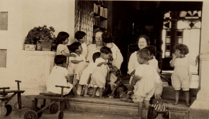 Maria Jacobsen and Nellie Miller with Birds' Nest children. Maria Jacobsen was a Danish relief worker who adopted three orphans into her own family. Nellie's original caption reads: 