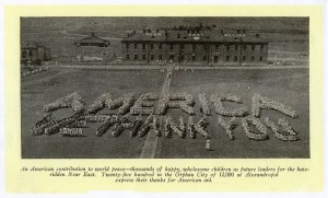Children at Seversky Post orphanage in Alexandropol spell out a message for their American benefactors. This iconic photograph was used in thank-you letters, brochures, and publications like The New Near East.