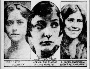 The Brooklyn Eagle published many advertisements for <em>Ravished Armenia</em>. In this advertisement, Aurora Mardiganian is featured alongside prominent silent film stars of the day, an indication of her prominence at the time.