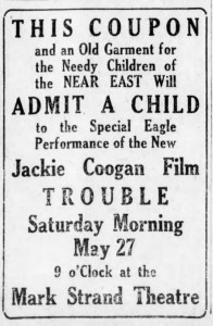 A coupon at the Brooklyn Daily, inviting parents to bring the coupon and a piece of garment and let their children admitted to Jackie Coogan film.