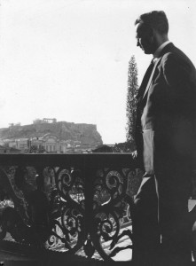 Near East Relief worker H.C. Jaquith standing on a balcony overlooking the city of Athens. The ruins of the Acropolis are visible in the distance. H.C. Jaquith was active in Near East Relief for many years. He was decorated by the Greek and Turkish governments for his role in resettling refugees. Jaquith was also instrumental in orchestrating the population exchange between the two countries.