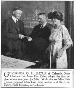 Returned Near East Relief worker Elsie Truran visits with the governor of Colorado, 1921.