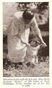 Maria Jacobsen, a Danish missionary who worked with Near East Relief in Syria, specialized in working with the youngest orphans. Maria Jacbosen ran Zouk Orphanage before opening the Birds' Nest in Sidon in 1923.
