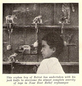 The original caption from the New Near East magazine identifies this little boy as an amateur toymaker in Beirut. Toys were in very short supply in the orphanages, despite donations from American children. The orphans turned to their creativity, making toys from sticks, metal scraps, and cloth.