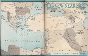 This unusual New Near East cover makes use of both the front and back of the magazine to show a map of Near East Relief's work in the region. Near East Relief published numerous maps to keep readers informed of the ever-shifting borders in the area.