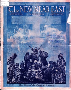 New Near East magazine covering featuring a painting of refugees standing before a large cross. Near East Relief also used this image on the cover of A Million Lives Saved: The Churches of America and the Near East: A Handbook for Pastors in 1923.