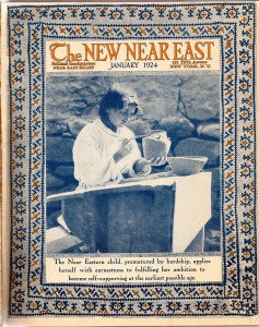 New Near East magazine cover featuring a young woman painting pottery. The cover also includes a printed embroidered border reminiscent of the work done by children and adult refugees for Near East Industries. The magazine covers often showcased Near East Relief beneficiaries training in 