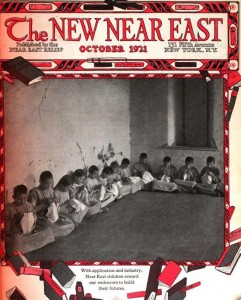 New Near East magazine cover featuring children knitting or sewing. This cover features a playful border of tumbling books, reinforcing Near East Relief's emphasis on education. Cornell University, digitized by Google.
