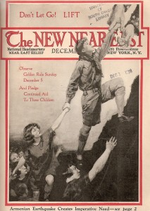 New Near East magazine cover featuring a drawing of children climbing a steep incline. The boy wears a Scout Uniform, emphasizing his similarity to American boys. The pair of oversized hands in the upper right corner wear star-spangled sleeves reminiscent of those worn by Uncle Sam. This image was also used on Near East Relief's letterhead.