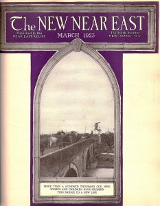 New Near East magazine cover featuring a view of a bridge through a pointed Gothic window. The magazine covers often recalled religious themes as a reminder of the inextricable link between Christianity and charity.