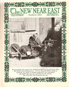 New Near East magazine cover showing an older refugee woman spinning in order to support her family. Although the magazine usually featured children or young people, on occasion the New Near East cover would highlight an adult. Covers like this one served as a reminder of Near East Relief's work with adult refugees -- mainly women with children -- who found employment with Near East Industries. The women often picked up supplies and then worked from home in order to supervise their children.