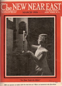 New Near East magazine cover featuring a young girl lighting a candle. This issue advertises Near East Relief's direct sponsorship program, in which donors 
