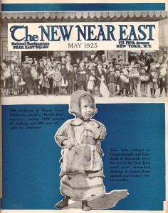 This unusual cover employs two images as foils: the background shows children waiting to attend a Near East Relief film screening, donations in hand. The foreground image of a young child in ragged clothing reminds readers of the importance of clothing donations at Bundle Day events.