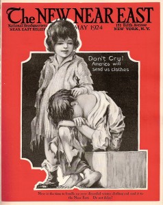 New Near East magazine cover featuring a drawing of children in ragged clothes as a reminder to donate used clothing to Near East Relief. The covers usually featured photographs, but some issues took a more artistic approach.