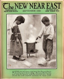 A New Near East magazine cover showing a girl and a boy using a simple cooking stove. Although they are clad in simple garments, the children are tidy and clean. Near East Relief strove to present images of industrious Near East Relief children to counterbalance the images of needy orphans that saturated the media.
