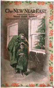 New Near East magazine cover featuring an illustration of children in rags looking in a window at a Christmas tree. Near East Relief relied on holiday donations.   University of Chicago, digitized by Google.