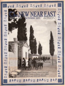 New Near East magazine with a photograph of the entrance to the orphanage at Corinth. After the burning of Smyrna, Near East Relief dramatically expanded its work in Greece. Near East Relief worker Emma Cushman supervised the orphanage at Corinth. This cover features a playful border of dolls and toys.