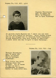 Page from a rare orphan booklet probably used for sponsorship. This page features Eugenia Theocharous and Hovadim Haserdjian.