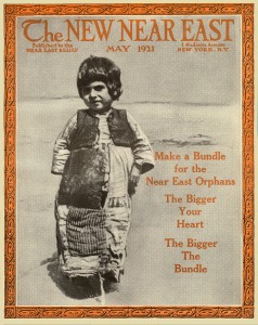 New Near East magazine cover featuring a child in ragged clothing. The cover advertises Bundle Day. Local chapters of Near East Relief organized Bundle Days to collect old clothing for shipment to the Near East. Refugee women were paid to 