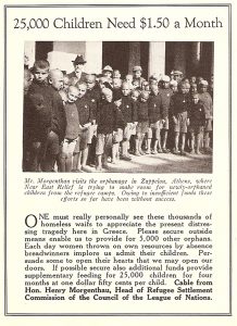 Ad calling for donations featuring Henry Morgenthau with orphans at Zappeion