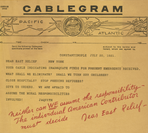 A mock cablegram used as a campaign tool to encourage citizen donations.